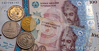 Tajikistan currency somoni banknotes and coins Stock Photo