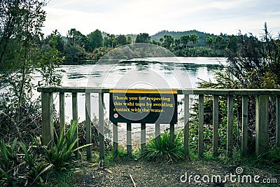 Information boards at popular tourist attraction Waikoropupu Springs Editorial Stock Photo