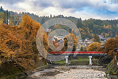 Takayama Japan autumn at red Nakabashi bridge Stock Photo