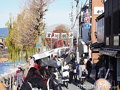 Tourists at Takayama Morning Markets Asaichi in Japan Editorial Stock Photo