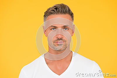 Take ageing with respect. Man mature good looking model. Silver hair shampoo. Grizzle hair. Deal with gray roots. Man Stock Photo