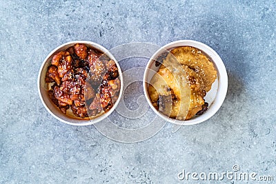 Take Away Asian Food Chinese General Tsos Chicken and Fried Pineapple Fritters Caramelized with Cinnamon and Sesame Seeds in Stock Photo