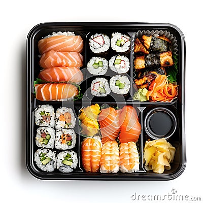 Take-away box with a variety of sushi and seafood, accompanied with soy sauce, ginger, and wasabi. Asian food. Generative AI Stock Photo