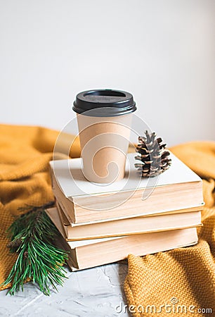 Take Away Coffee Cup Book Reading Winter Time Rest Background Free Time Spending Stock Photo