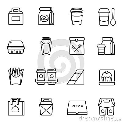 Take away food and drinks linear icons set Vector Illustration