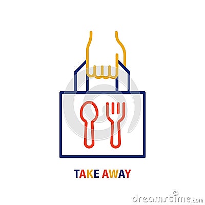 Take away food line icon. Hand and paper bag simbol. Takeaway service vector sign Vector Illustration