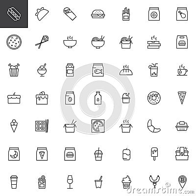 Take away food outline icons set Vector Illustration