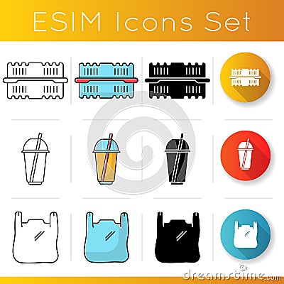 Take away food packages icons set. Plastic bag with handles, cold drink disposable cup, container for salad. Takeout Vector Illustration