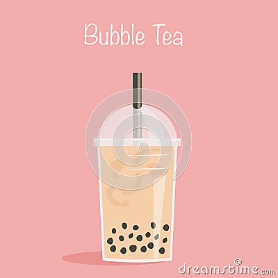 Take away glass of pearl milk tea with straw. A cup of famous Taiwanese bubble tea on pink background with caption Vector Illustration