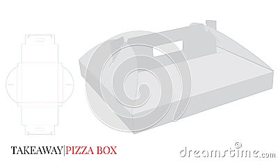 Pizza Box with Handle Template with die cut lines, Cardboard Self Lock Delivery Box. Vector with die cut / laser cut layers Vector Illustration