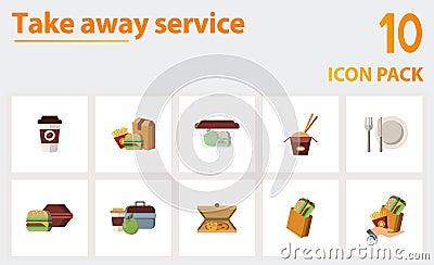 Take Away Service icon set. Collection of simple elements such as the takeaway coffee, takeaway food, containers, wok Vector Illustration
