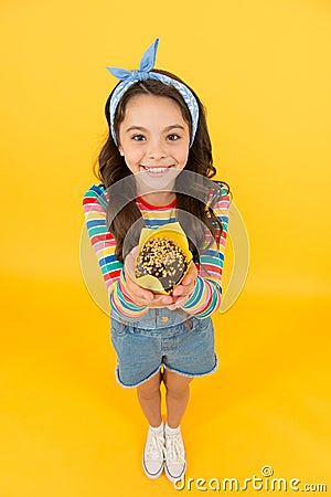 Take birthday cupcake. small girl with homemade muffin. healthy food cooking. baking and people concept. tasty and Stock Photo