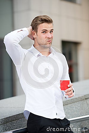 Take break if have doubts. Man thoughtful face drinking coffee outdoor. Steps to deal with self doubt and trust your Stock Photo