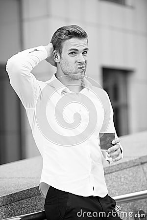 Take break if have doubts. Man thoughtful face drinking coffee outdoor. Steps to deal with self doubt and trust your Stock Photo