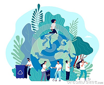 Take care of earth. Environmental protection, people saving planet, green energy ecosystem, volunteer ecologists, flat Vector Illustration