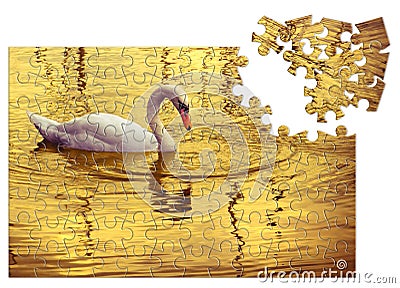 Take care of your beauty - White swan in golden background - concept image in jigsaw puzzle shape Stock Photo