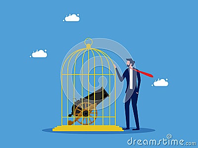 Take control of trade and business wars. Businessman locks a cannon in a birdcage Vector Illustration