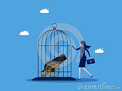 Take control of trade and business wars. Businesswoman locks a cannon in a birdcage Vector Illustration