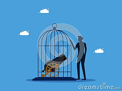 Take control of trade and business wars. man locks a cannon in a birdcage Vector Illustration