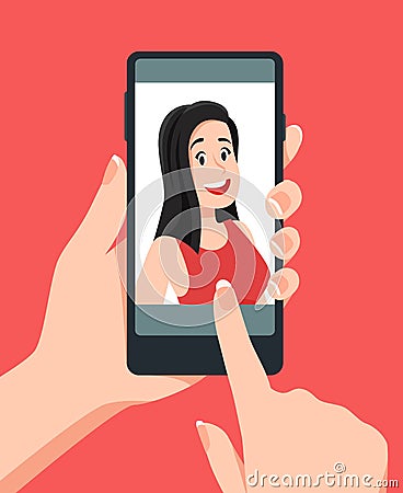 Take face photos. Woman taking selfie on smartphone. Smart phone Vector Illustration