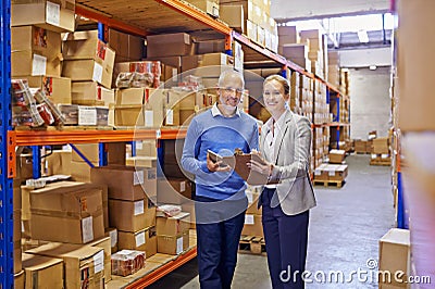 We take the guess work out of shipping. Portrait of a man and woman inspecting inventory in a large distribution Stock Photo