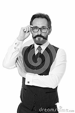 Take look carefully. Man bearded wear eyeglasses isolated white. Businessman teacher adjust eyeglasses. Take look Stock Photo