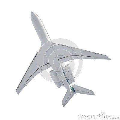 Take-off modern business jet with retracted landing gear isolated on a white background. Bottom view Stock Photo