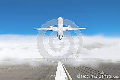 Take-off passenger plane from a cloud of fog at the airport, concept of delayed flights in bad weather Stock Photo