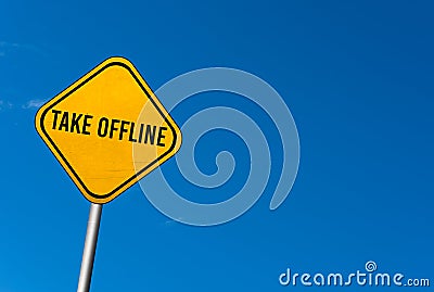Take Offline - yellow sign with blue sky Stock Photo