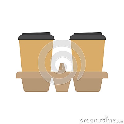 Take-out coffee in holder. Two takeaway paper coffee cups in carton holder. Coffee to go Vector Illustration