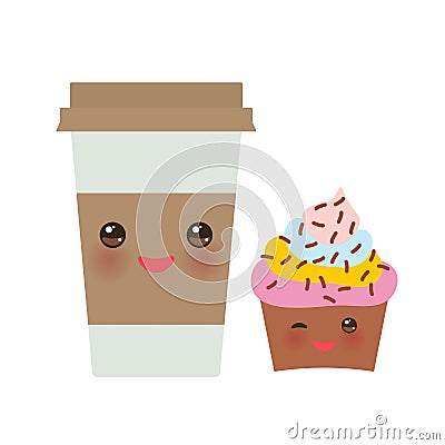 Take-out coffee in Paper thermo coffee cup with brown cap and cup holder, chocolate cupcake. Kawaii cute face with eyes and smile Vector Illustration