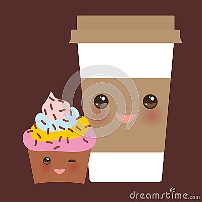 Take-out coffee in Paper thermo coffee cup with brown cap and cup holder, chocolate cupcake. Kawaii cute face with eyes and smile Vector Illustration