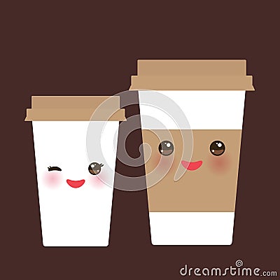 Take-out coffee in Paper thermo coffee cup with brown cap and cup holder. Kawaii cute face with eyes and smile on dark brown Vector Illustration