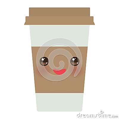 Take-out coffee in Paper thermo coffee cup with brown cap and cup holder. Kawaii cute face with eyes and smile Isolated on white Vector Illustration