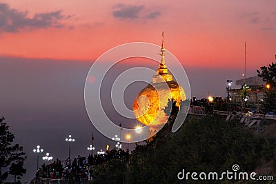 Take photo the Kyaikhtiyo Golden Rock pagoda and temple and beautiful sunshine view. This Photo contain burry and soft focus., Stock Photo