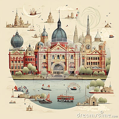 Vintage Map of Melbourne with Historical Landmarks Stock Photo