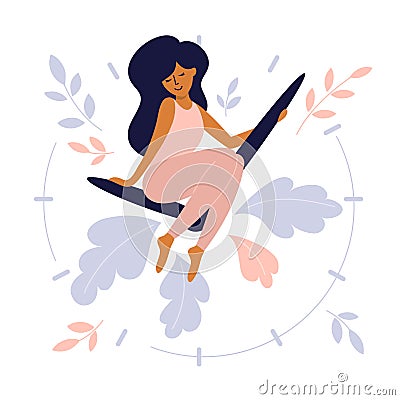 Take time for yourself concept with cute girl and clock hands Vector Illustration