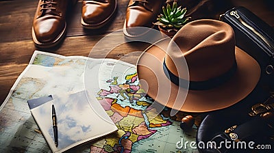 Top-Down Travel Essentials: Hat, Map, and Cup Stock Photo