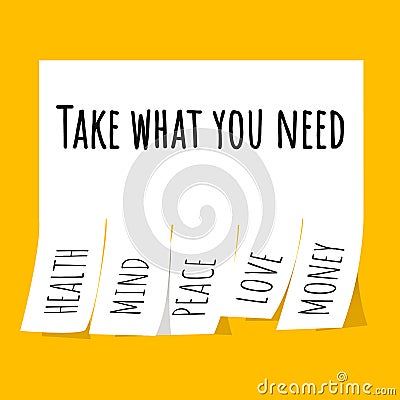 Take what you need. Vector stock illustration eps10. HEALTH. MIND. PEACE. LOVE. MONEY Vector Illustration