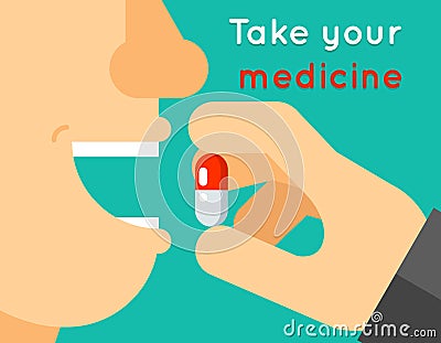 Take your medicine concept. Person puts tablet in Vector Illustration