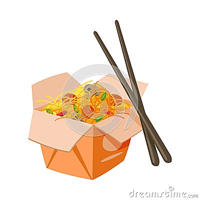 Takeaway Carton Box of Noodles with Vegetables and Chopsticks, Traditional Asian Fast Food Meal Vector Illustration Vector Illustration
