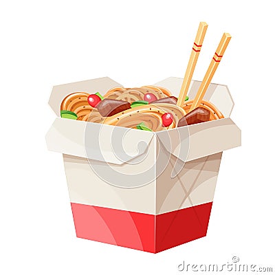 Takeaway carton wok box noodles with veggies and fried pork Vector Illustration
