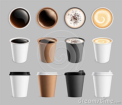 Takeaway coffee mockup. Plastic paper cup for liquid and drink to go. Espresso latte cappuccino mug, breakfast beverages Vector Illustration