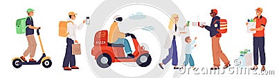 Takeaway food. Products delivery. Couriers with backpacks for groceries. Pizza and burgers boxes. Deliveryman riding on Vector Illustration