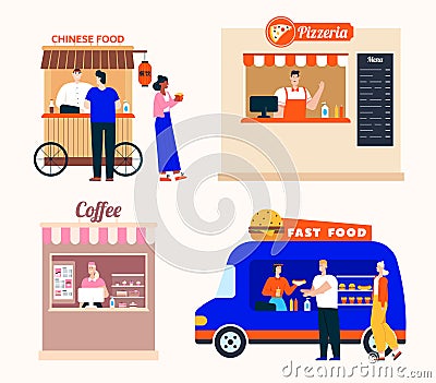 Takeaway food service, set of Chinese food, pizzeria, coffee shop, fast food van Vector Illustration