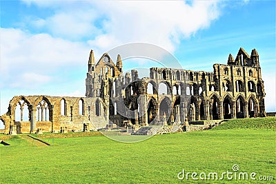 View of Whitby Abbey from inside the visiter centre grounds. Stock Photo