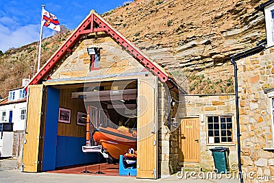 The RNLI lifeboat station in Staithes, near Scarborough, in North Yorkshire. Editorial Stock Photo