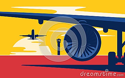 Takeoff. Flat style vector illustration of the airliners at suns Vector Illustration