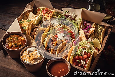 takeout box filled with tacos, burritos, and nachos Stock Photo