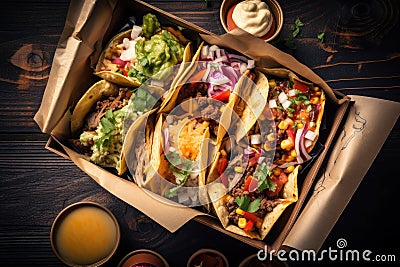 takeout box filled with tacos, burritos, and nachos Stock Photo